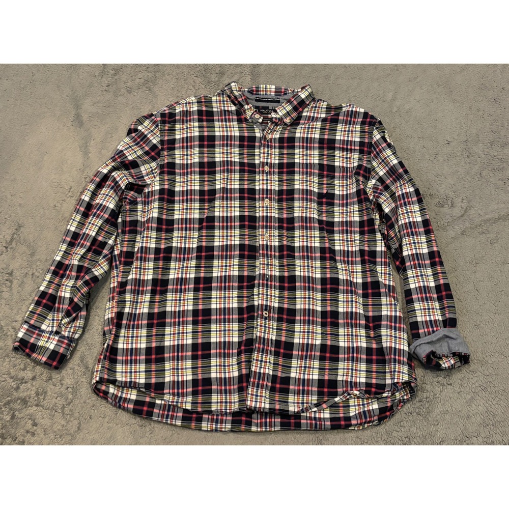 Nautica Mens XXL Classic Fit Plaid Button Down Shirt Navy Red Cotton Long Sleeve